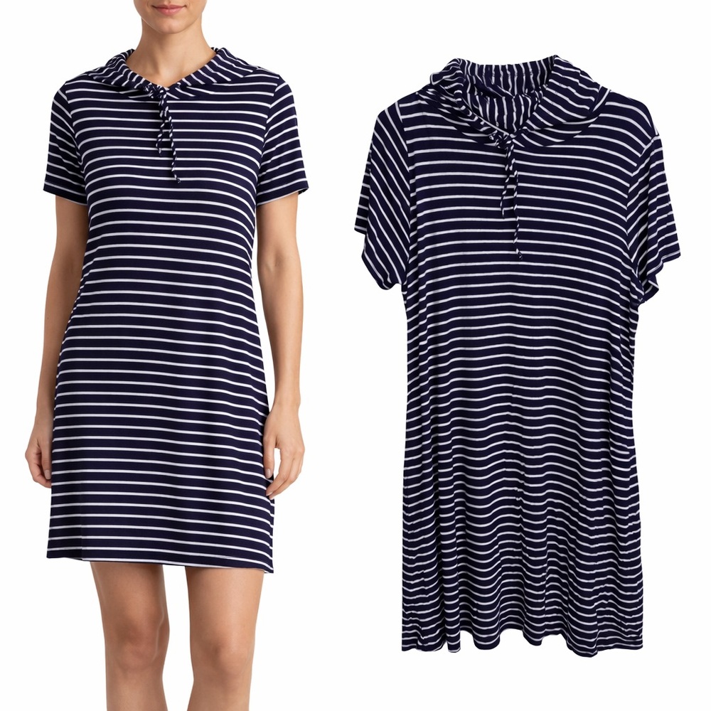 Rubee Womens Striped Hooded T-Shirt Dress Purple White‎ Short Sleeve Size L